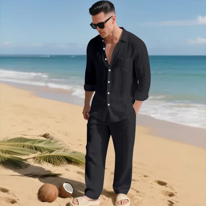 Men's casual cotton and linen suit, fashion comfortable linen solid color stand collar shirt street loose long sleeve two-piece