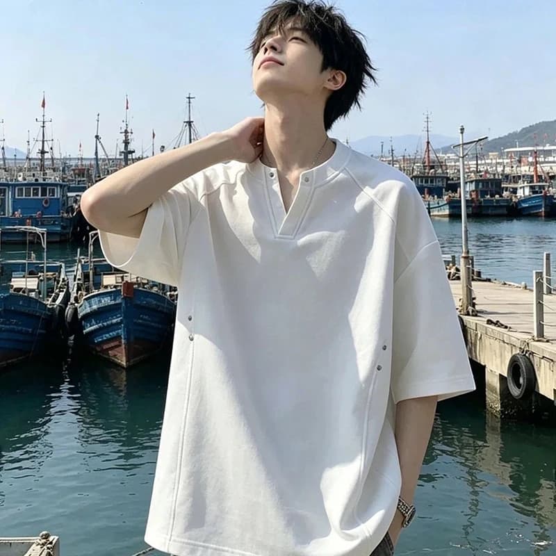 American Heavyweight Deconstructed Rivet Splicing Henley T-shirt Unisex Oversized Loose Summer Short Sleeve Streetwear New Tee