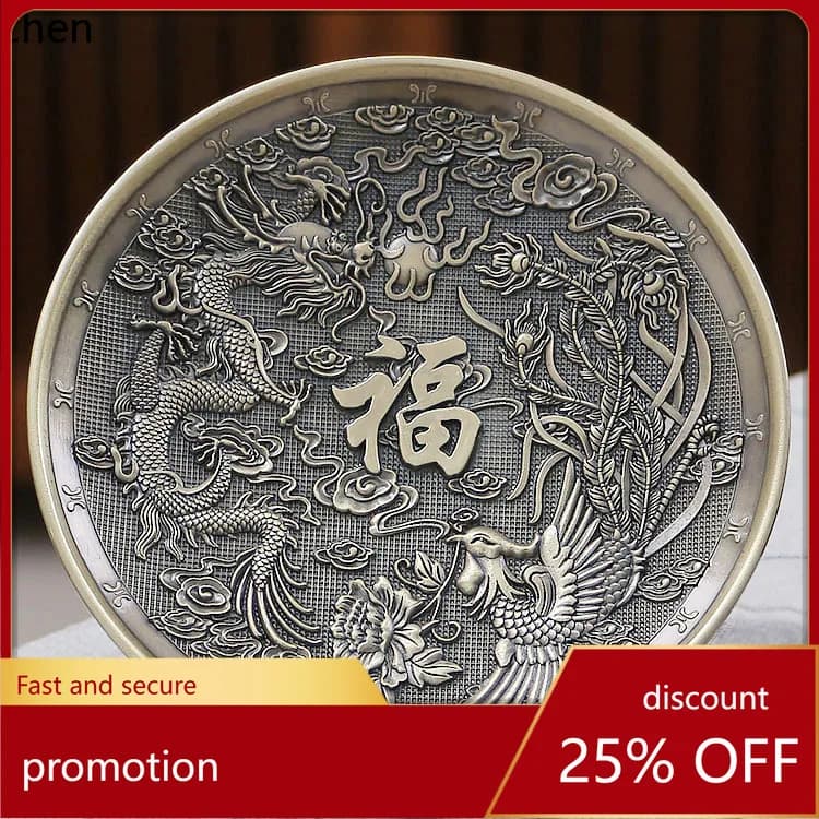 Cz dragon and phoenix incense insert incense plate holder chinoiserie sandalwood base for home line antique bronze round