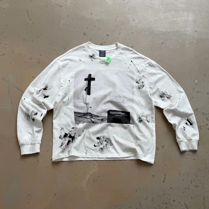 Streetwear Retro Graffiti Hand-painted Ink-splatter Handmade Distressed Latest High-end Men's Women's Long-sleeve T-shirts