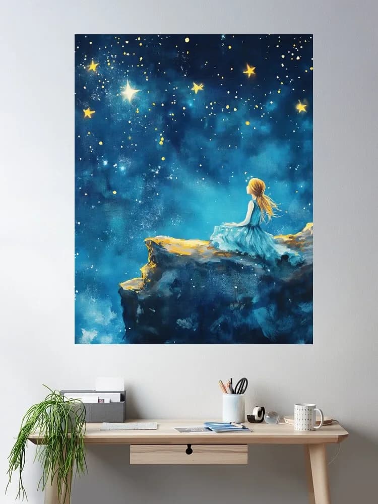 Girl Wish Upon Star Starry Night Sky Painting Canvas POSTER ,Home Decor Wall art painting