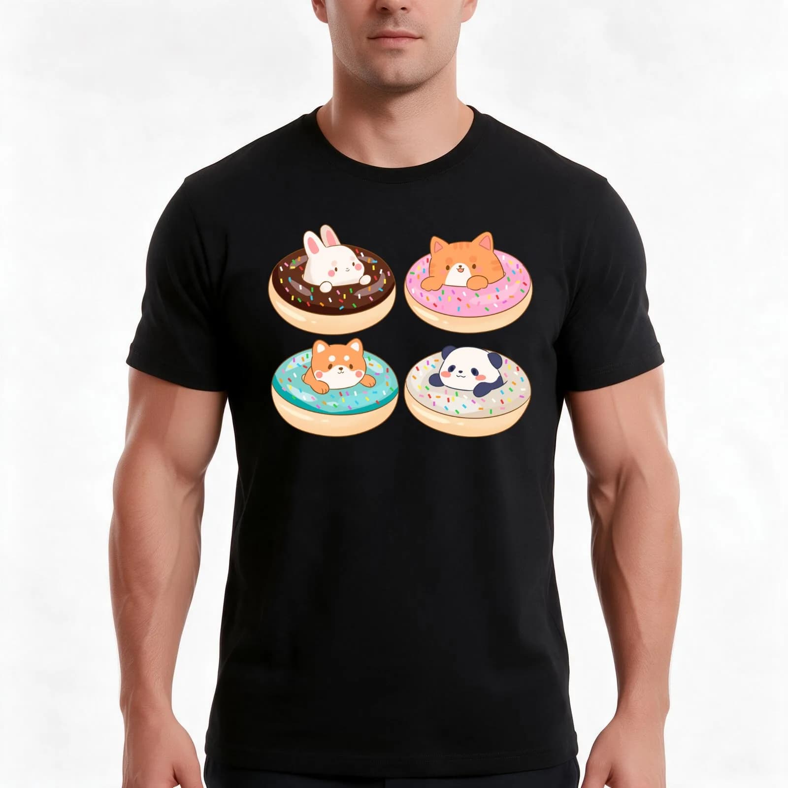 Kawaii doughnut animals pack T-Shirt, Summer Casual Cotton Tee, Oversized Streetwear Tops, Vintage Graphic Print, 100% Cotton
