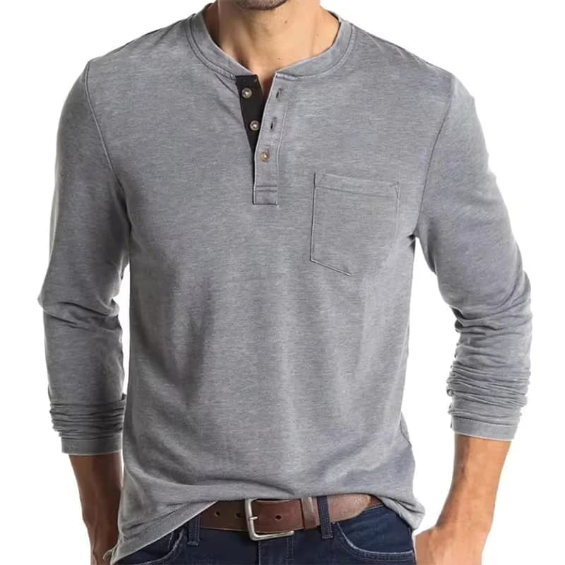 2025 American European New Fashion Men's Casual Trendy Solid Color Long Sleeve O-neck Button Pullover T-shirts Male Clothes Tops