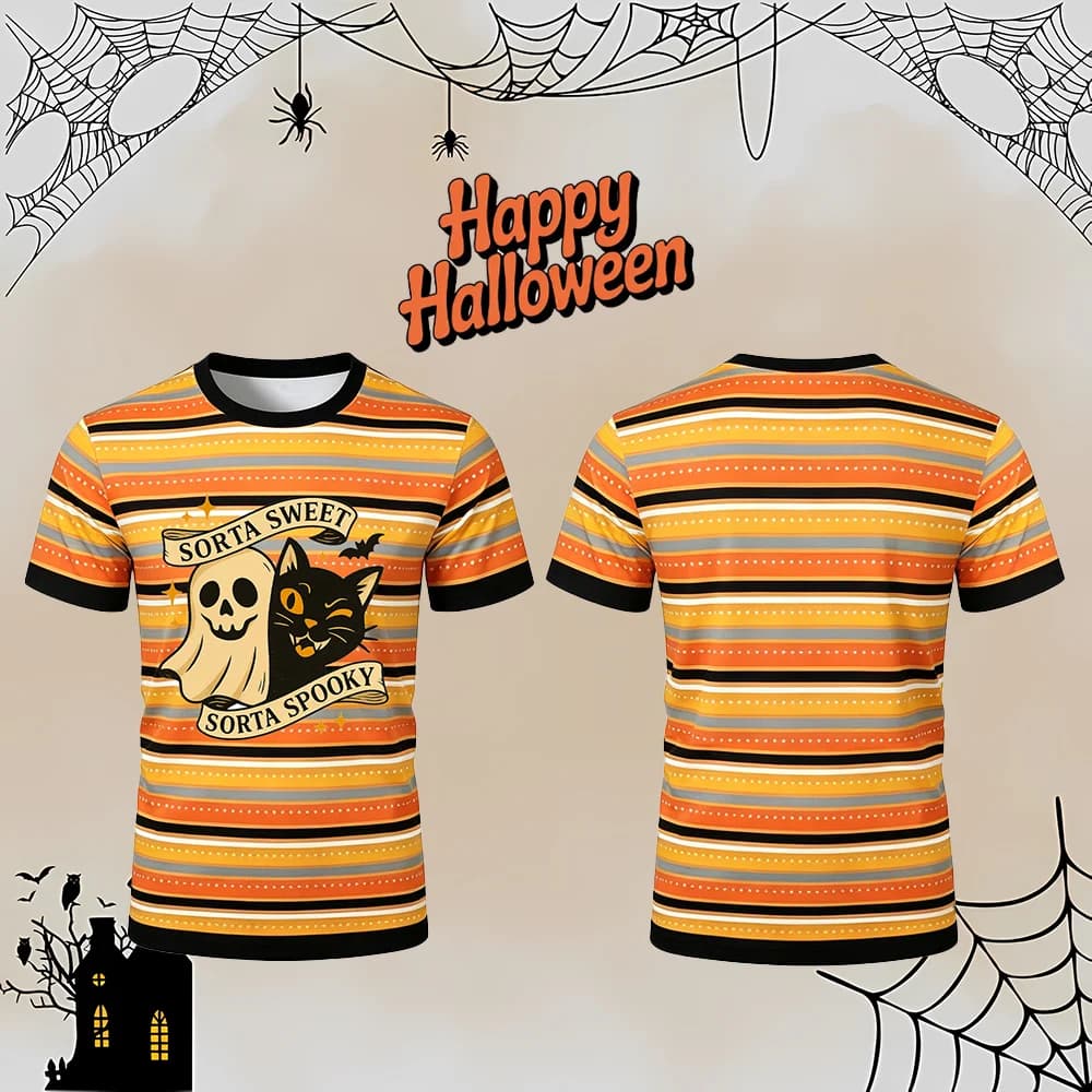 Halloween Funny Skull Ghost Graphic T-Shirt Unisex festival Street Casual Striped Print Tops Breathable o-Neck Short Sleeve Tees