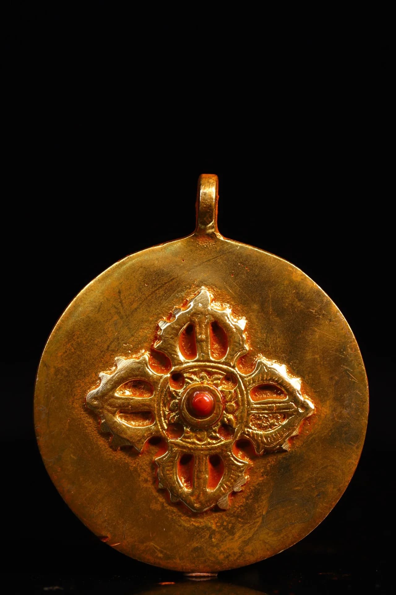 3"Tibetan Temple Collection Old Purple Bronze Gilded Six Character Proverbs Amulet Pendant Dharma Town house Exorcism