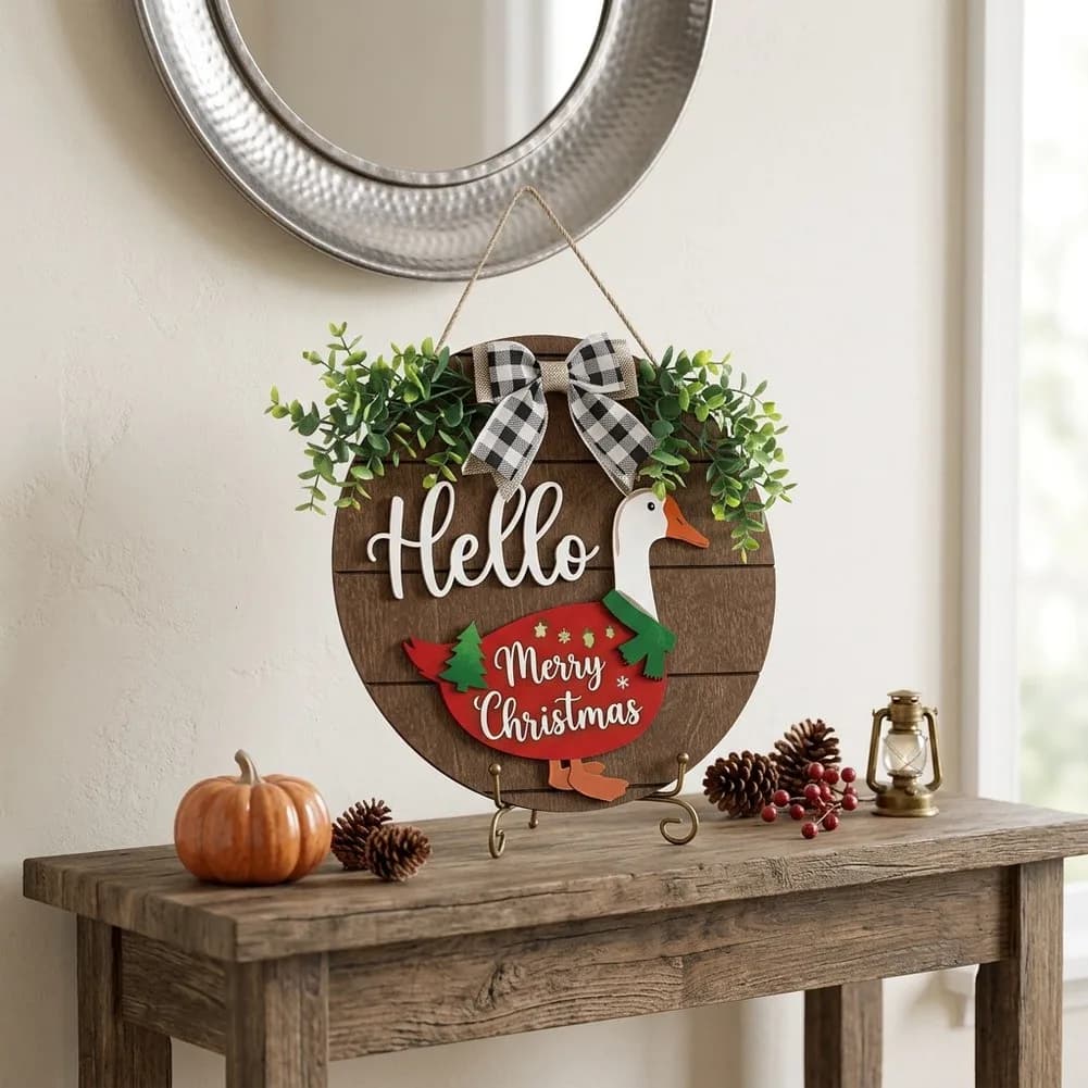 Rustic Door Decoration Wooden Goose Decor For Year Round Use Diameter 30cm Inviting Entrance Piece Lightweight Design