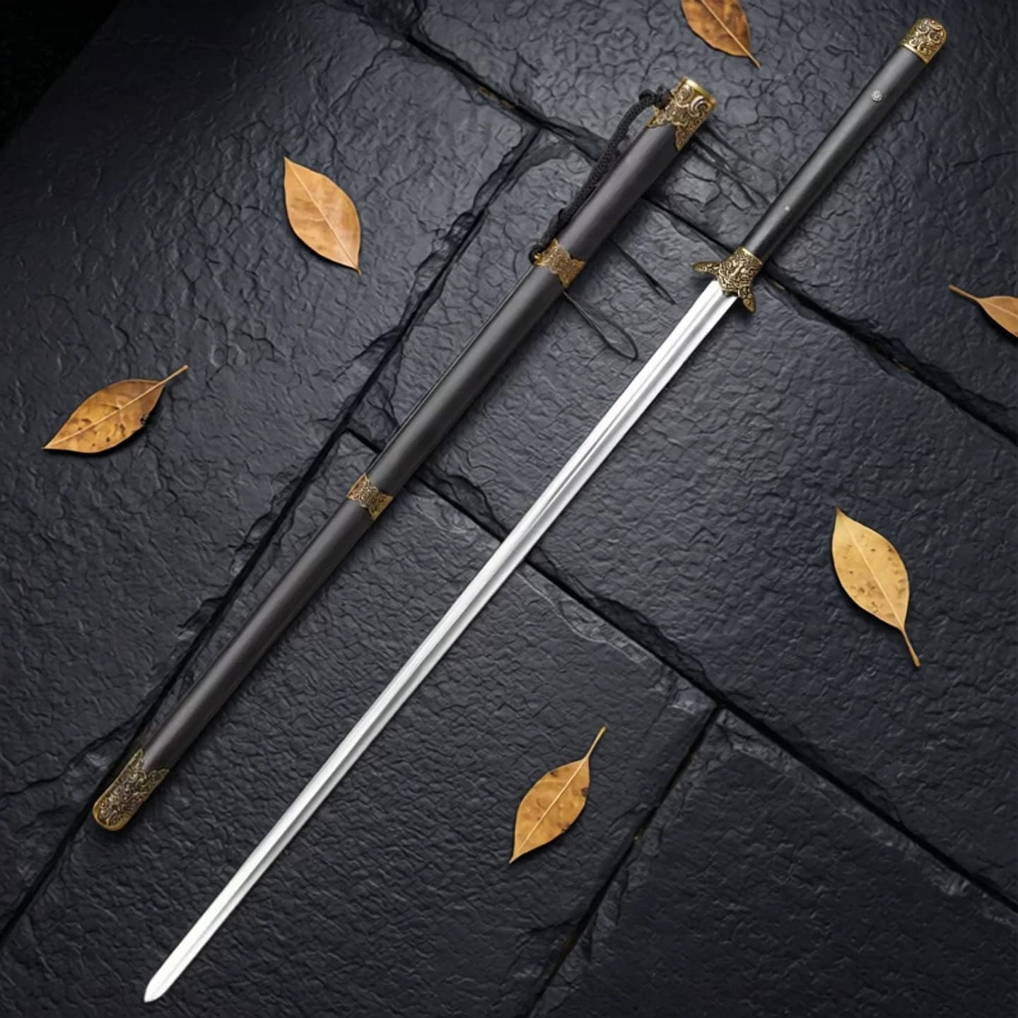 Guling Two-Handed Flexible Straight Chinese Jian Sword Long 134cm Matte Black Scabbard Oriental Martial Arts Collectible Sword