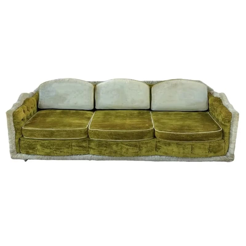 Vintage olive green velvet three-seater sofa with ruffles, tufted straight sofa for villas