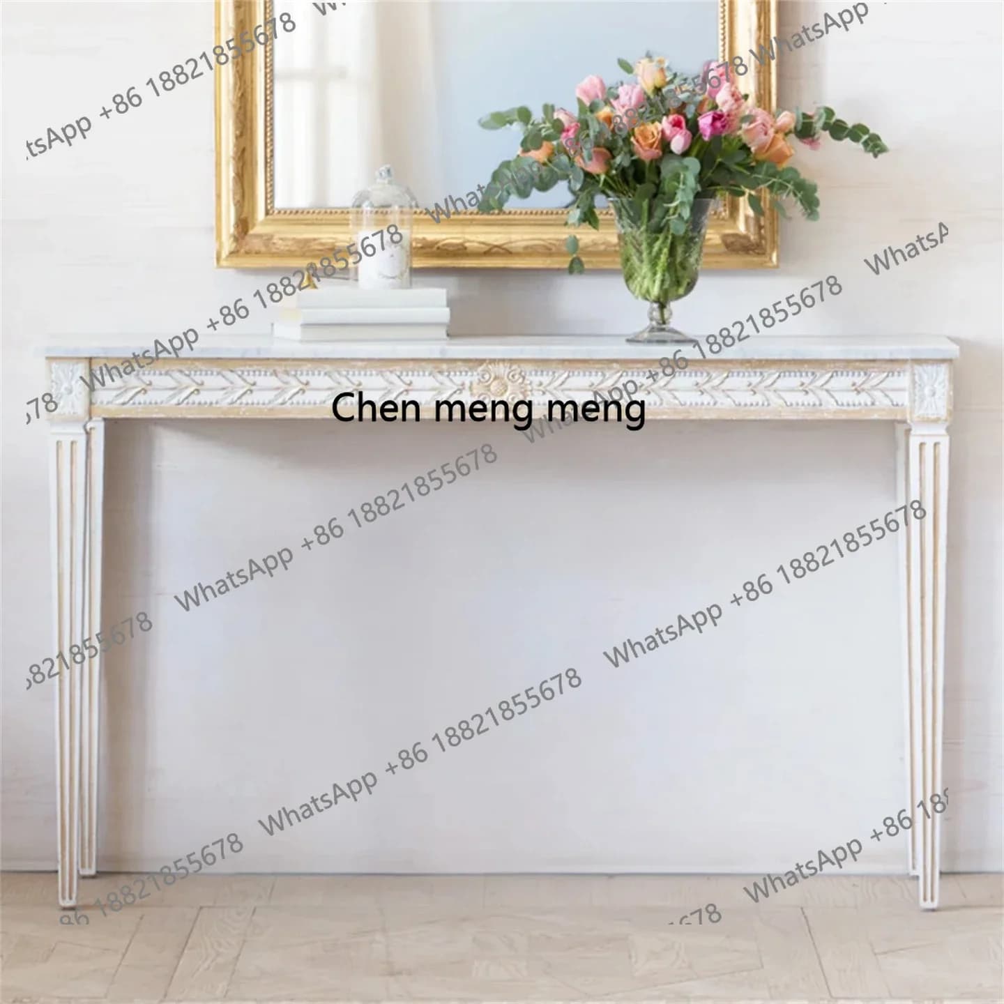 D80 French Retro Distressed Solid Wood Carved Entryway Table European Antique Marble Console Entryway Decorative Table Complete