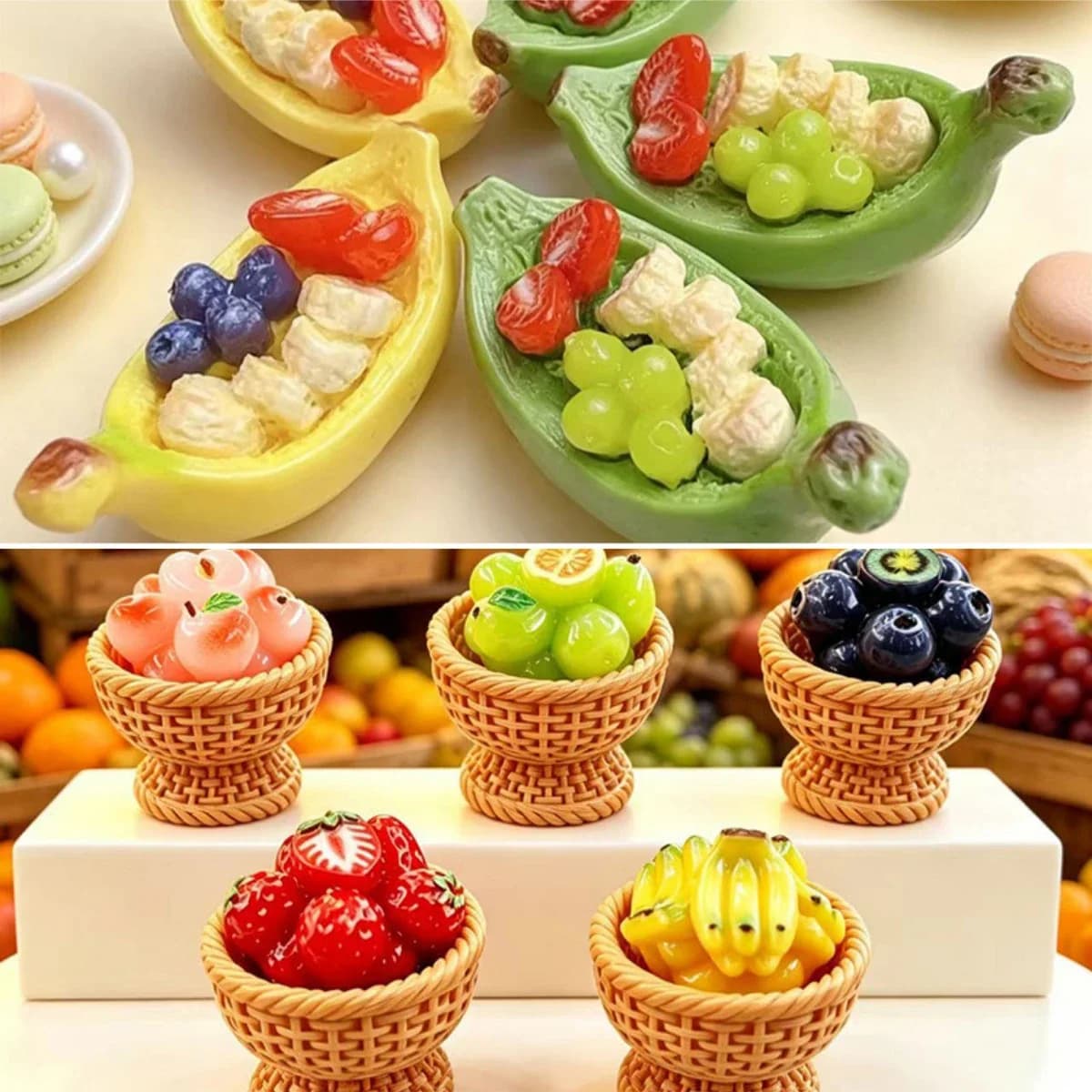 100pcs Kawaii Simulation Fruit Banana Strawberry Basket Series Resin Cabochon DIY Pendants Keychain Decor Dollhouse Accessories