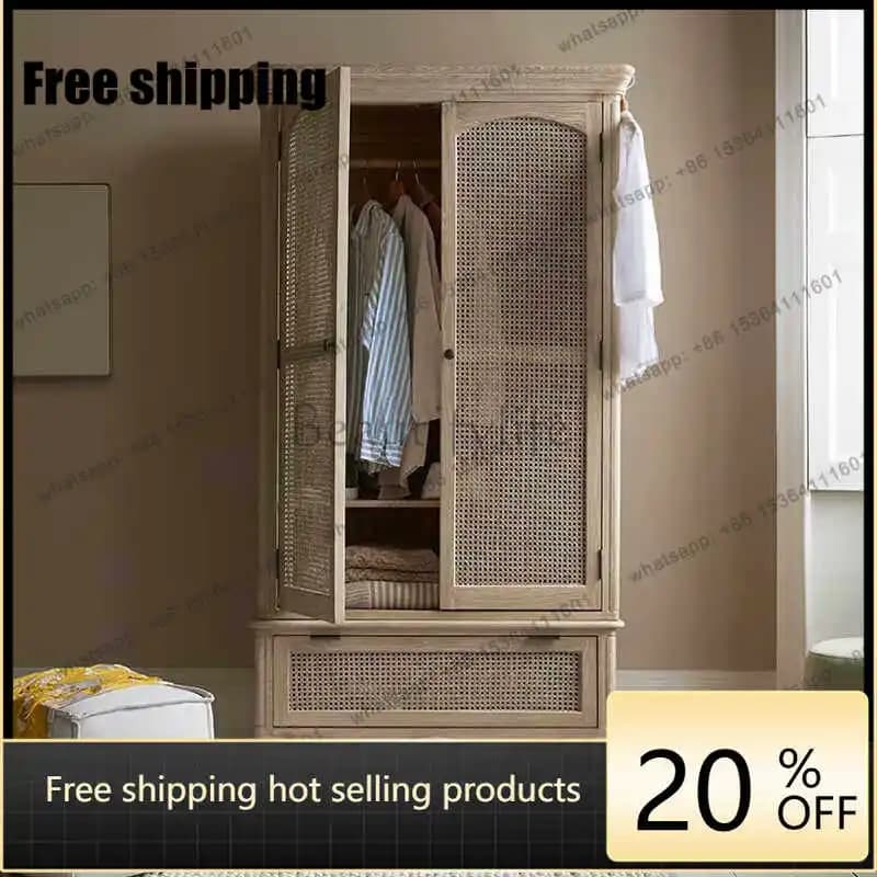 LD Nordic rattan wardrobe bedroom solid wood retro wardrobe can be customized furniture