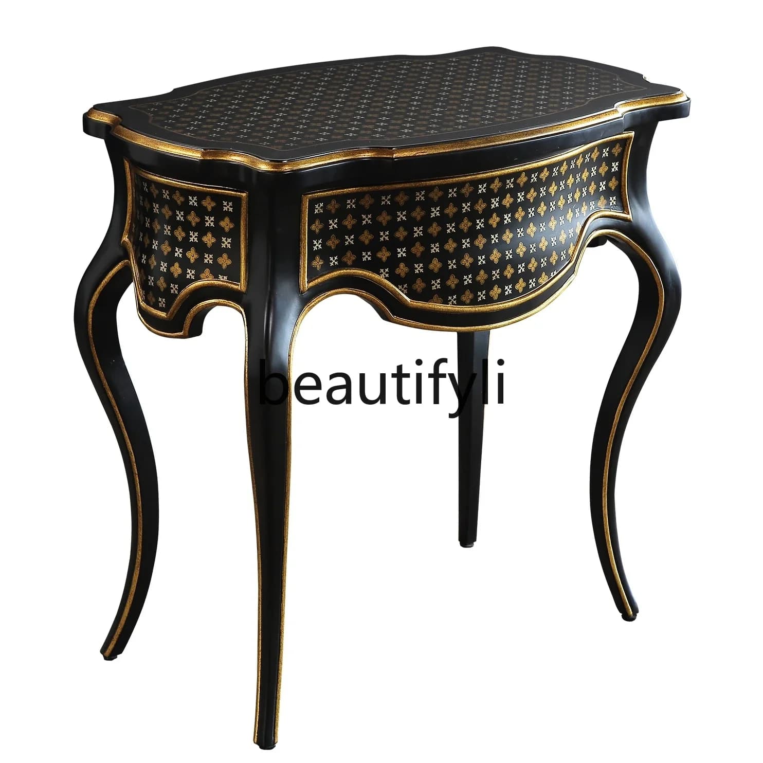 LXItalian Retro Antique Style Birch Solid Wood Side Table Black with Gold and Silver European StyleSSS