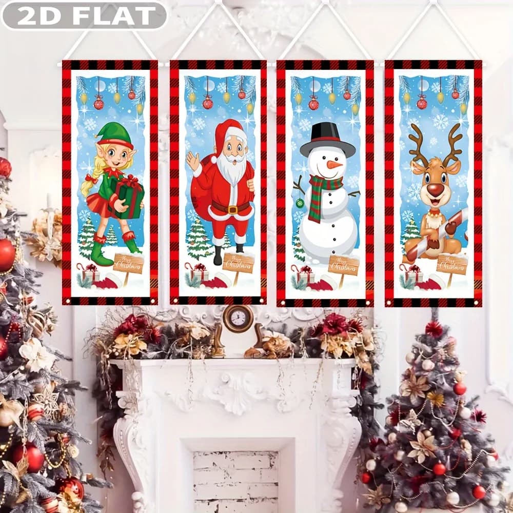 2D FLAT 4pcs Christmas Hanging Banners Set, 40x102cm Multipurpose Polyester Holiday Porch Hangings, Santa, Snowman, Reindeer