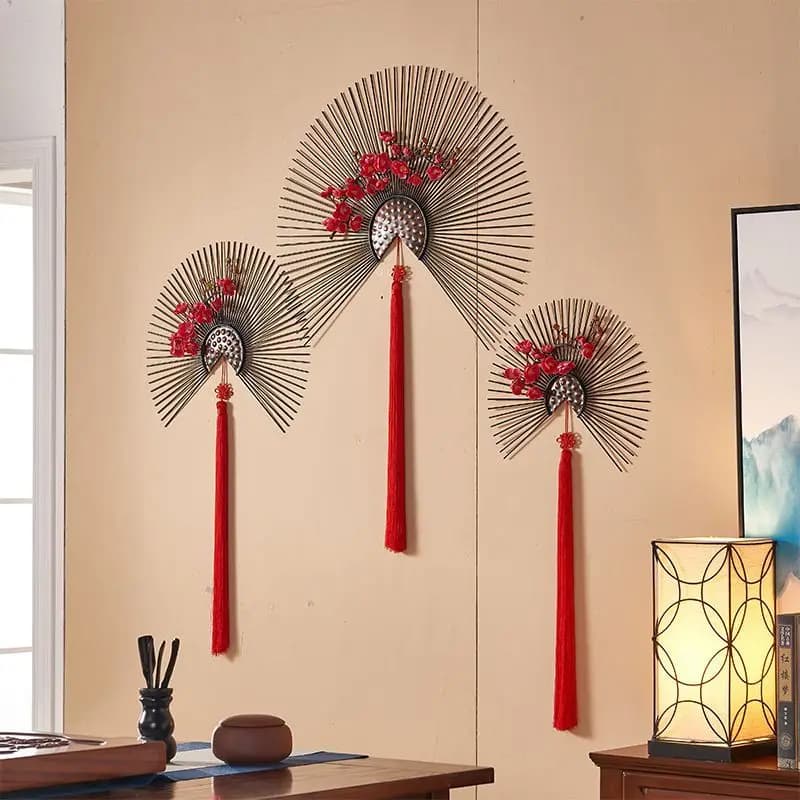 Metal Wall Decoration Fan with Plum Blossom Living Room Dining Room Home Art Craft Wall Pendant Chinese Style Decorating Fan