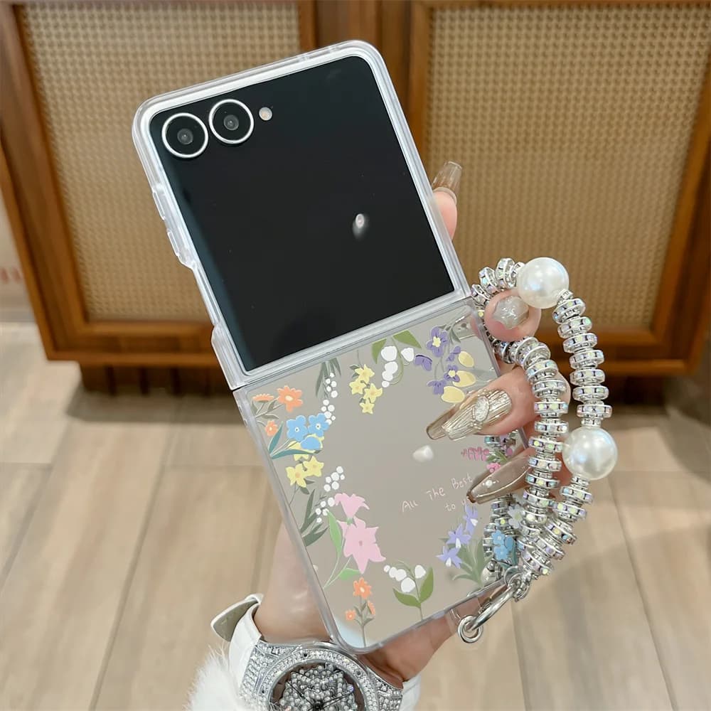 Cute Mirror Floral Phone Case For Samsung Galaxy Z Flip8 7 6 5 Z Flip8 Chain Makeup Mirror Shockproof Hard Flip Phone Cover