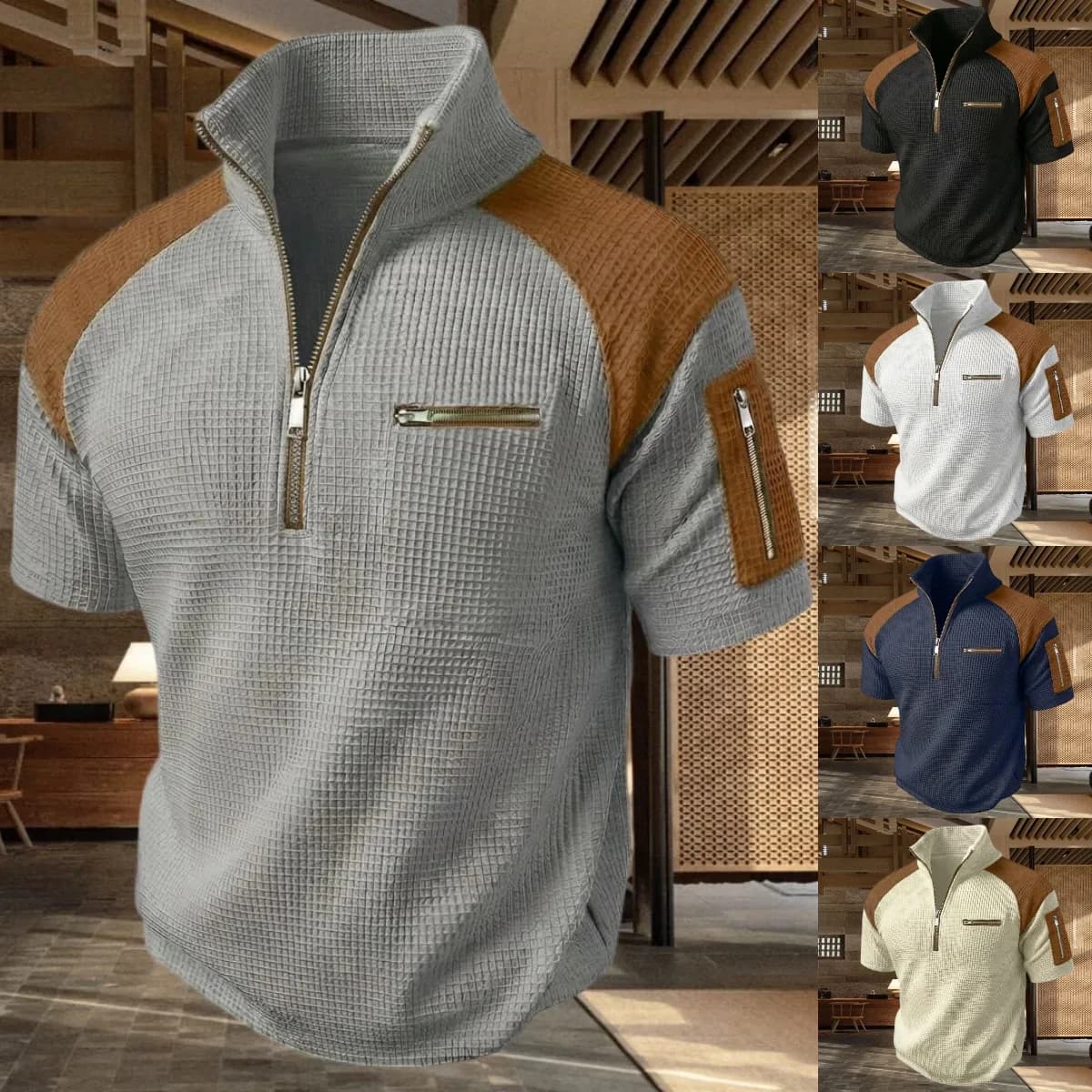 Summer men's new style fashionable casual short-sleeved shirt with zipper on the arm, breathable, comfortable and loose-fitting