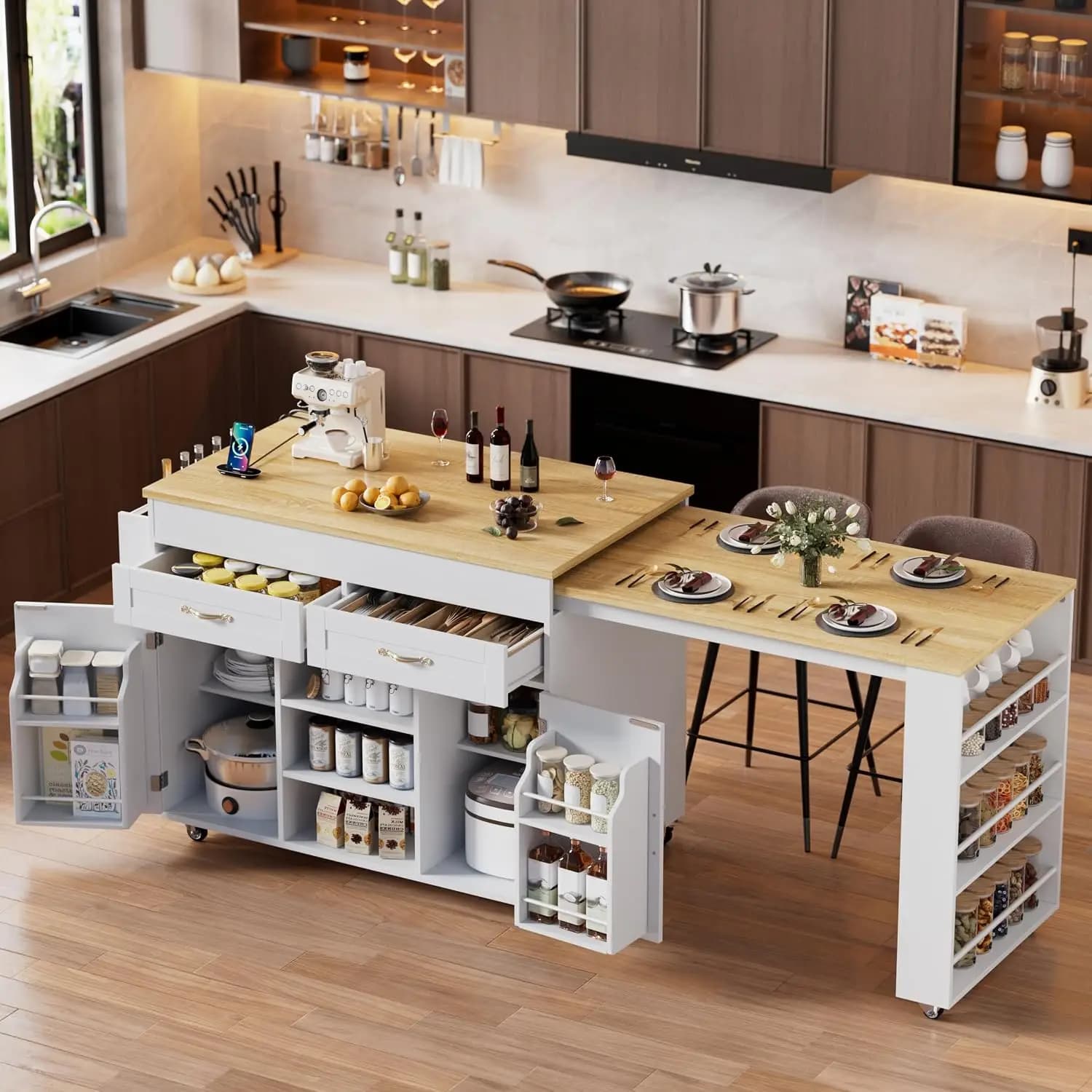 Kitchen Island with Extendable Dining Table, Mobile Kitchen Storage Islands, Rolling Kitchen Cart with Two Cabinet, Customized