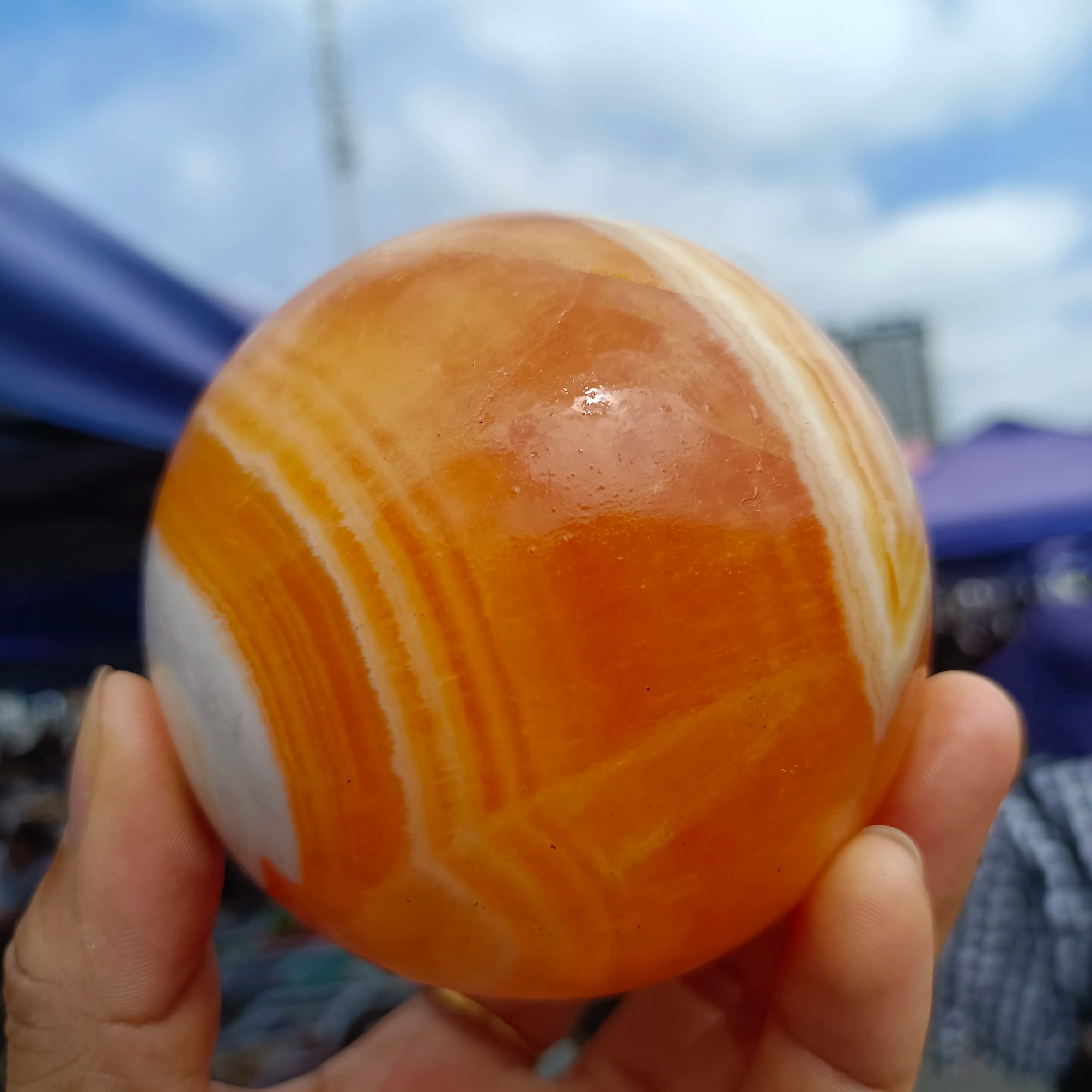 NATURAL ORANGE CALCITE CRYSTAL QUARTZ ENERGY SPHERE REIKI HEALING