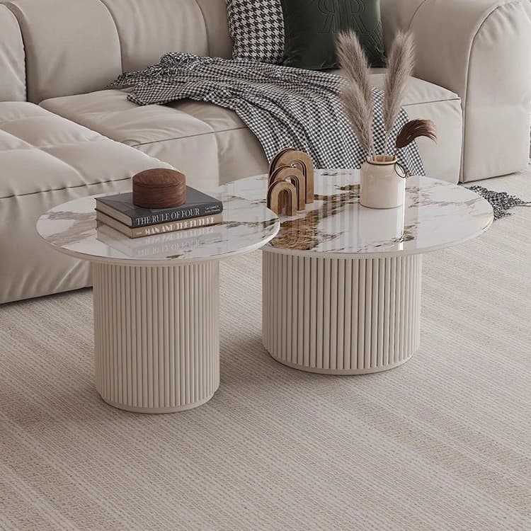 Wabi Sabi Nordic Marble Top Luxury Modern Living Room Center Table Sofa Side Table Set Wooden Round Fluted Coffee Table