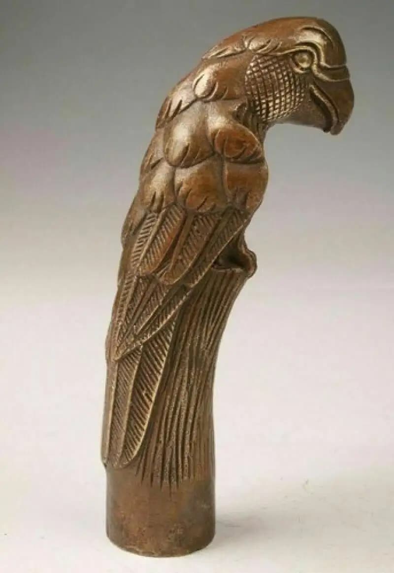Old Carving Bronze Lifelike Eagle Parrot Statue Cane Head Walking Stick Head
