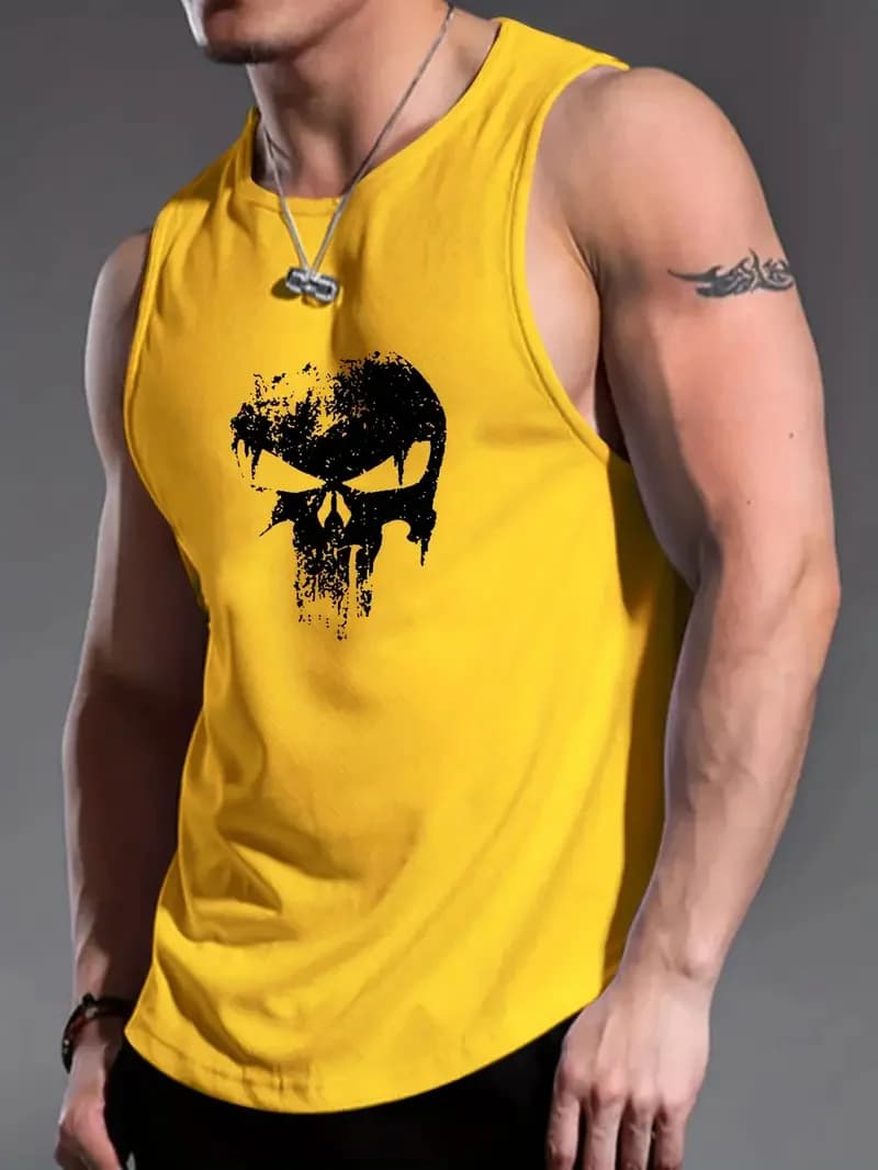 Men's Solid Color 3D Skull Print Sleeveless Round Neck Top For Daily Sports and Fitness Fashionable Round Neck Breathable Vest