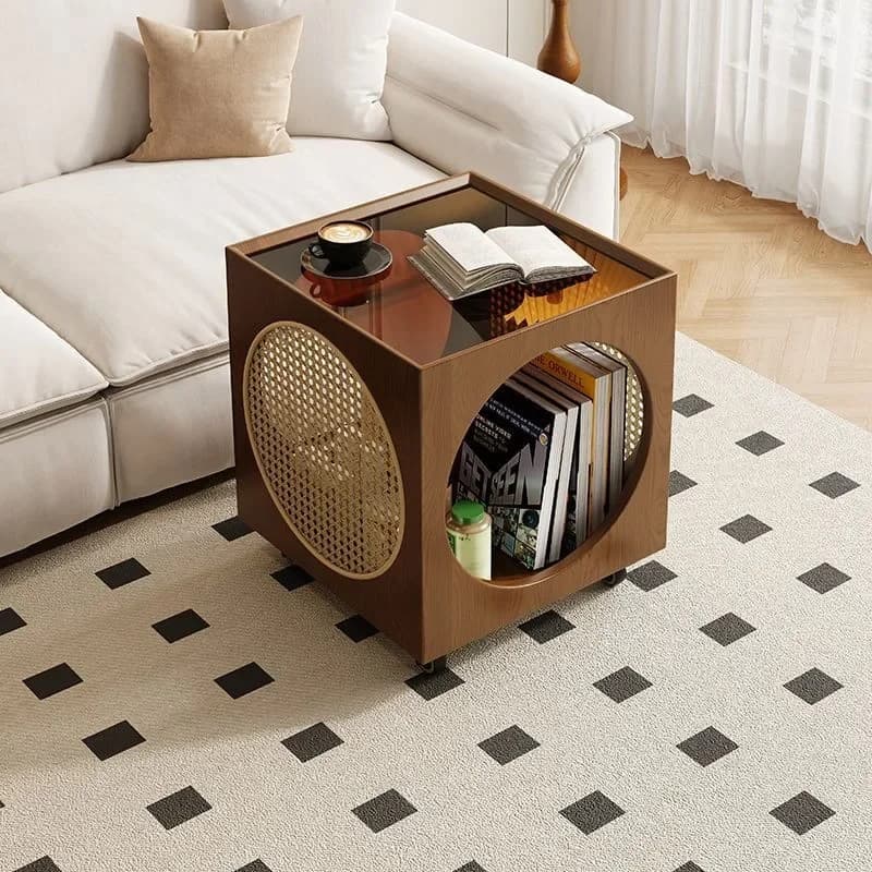 HT  new Chinese-style solid wood edge few living room sofa locker removable tea cabinet rattan open storage cabinet