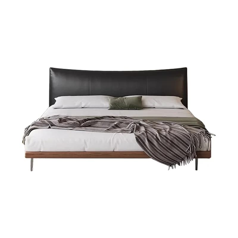 Italian Minimalist Leather Bed, Antique Black Double Bed