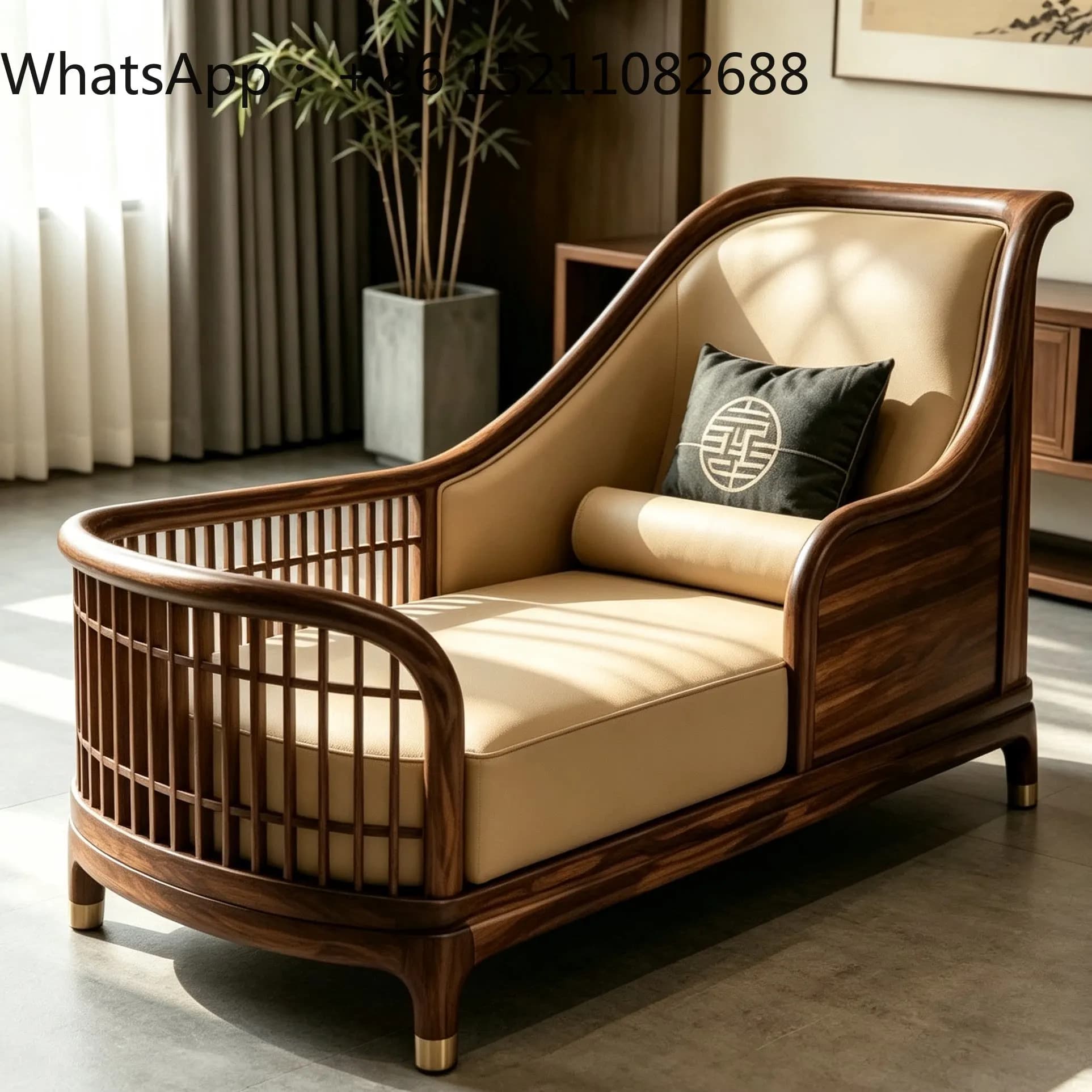 LLY new Chinese black walnut leather single sofa Song-style aesthetic simple living room three-person lazy sofa