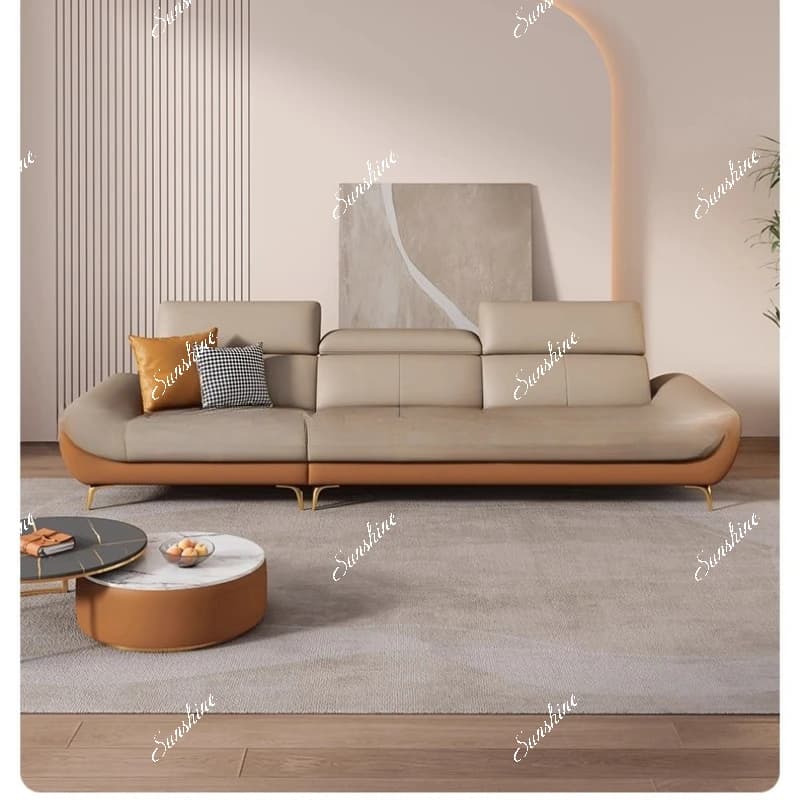 Leather sofa, living room light luxury simple modern three-person, straight row cream wind