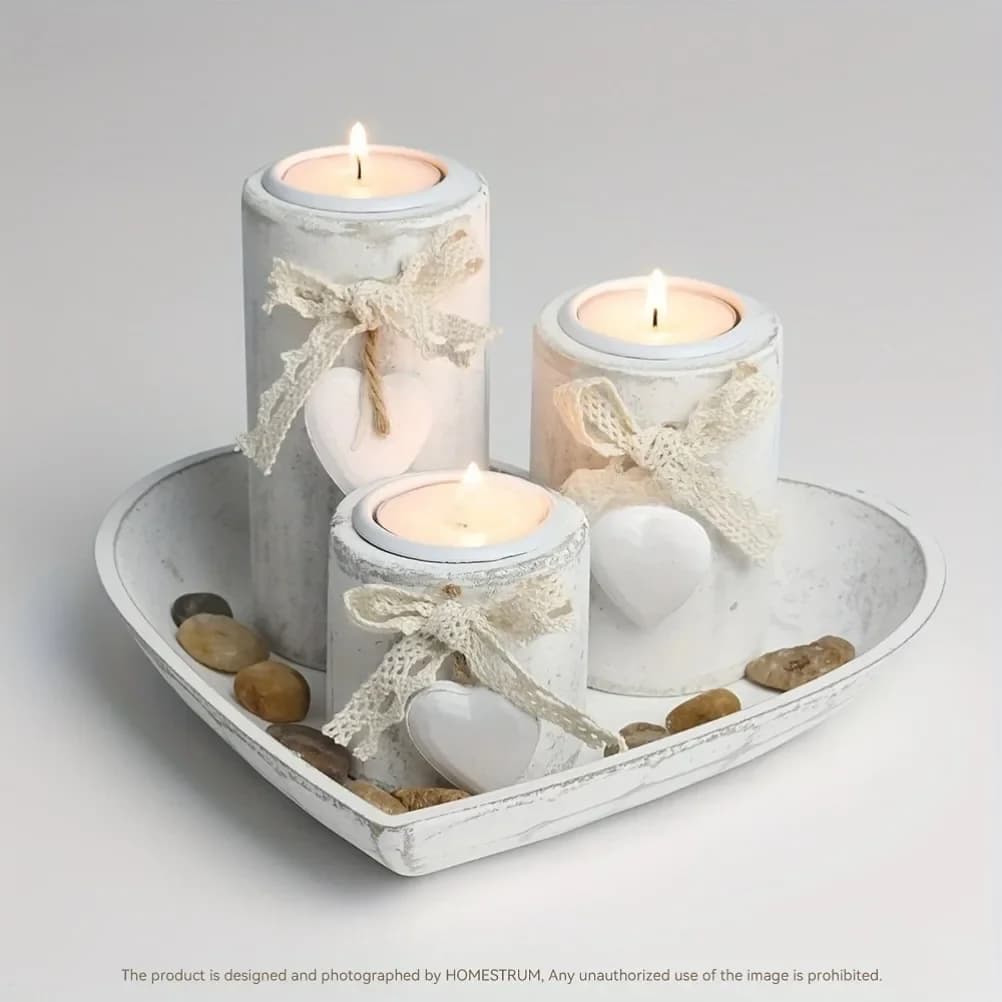 Wooden Candle Holder Set Tea Lamp Candlestick Set Heart Shaped Tray Jewelry Tray Home Decoration Christmas Present
