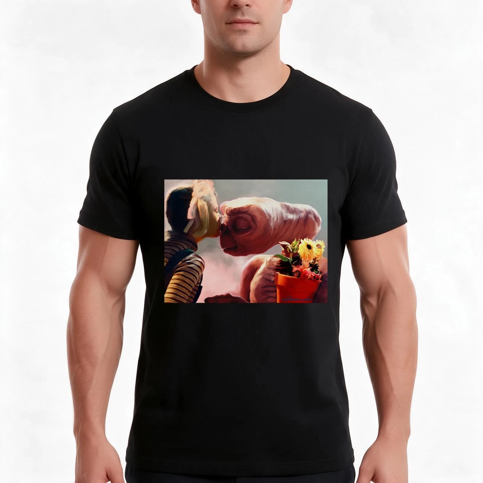 E.T. Painting T-Shirt, Summer Casual Cotton Tee, Oversized Streetwear Tops, Vintage Graphic Print, Loose Fit Short Sleeve