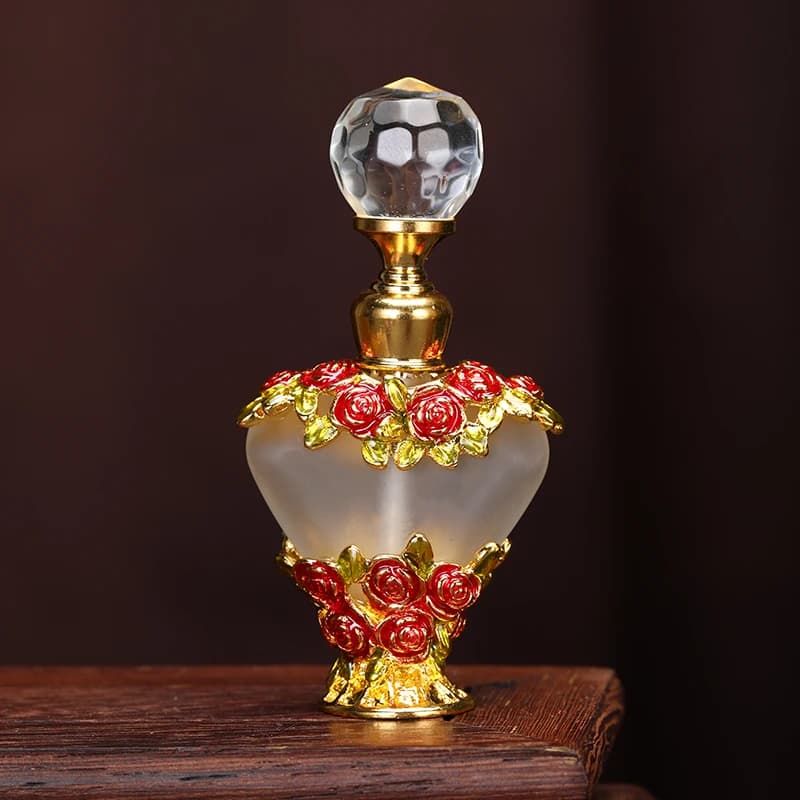 Gold Red Blue Rose Flowers Glass Perfume Bottle Empty Refillable 5ml With Clear Crystal Bead Decor Screwing Lid And Metal Stick