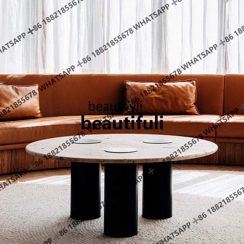 xxzItalian natural marble coffee table simple travertine casual coffee table Nordic round tea table