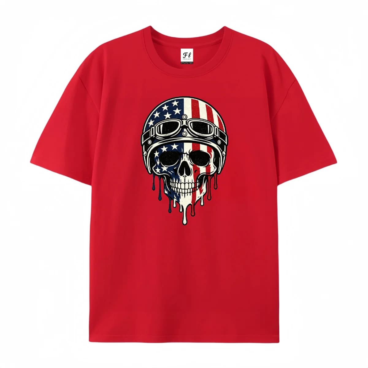 Men Women Casual Short Sleeve T‑Shirt Retro Patriotic Biker Skull American Flag Helmet Drip Art Graphic Print O Neck Daily Wear