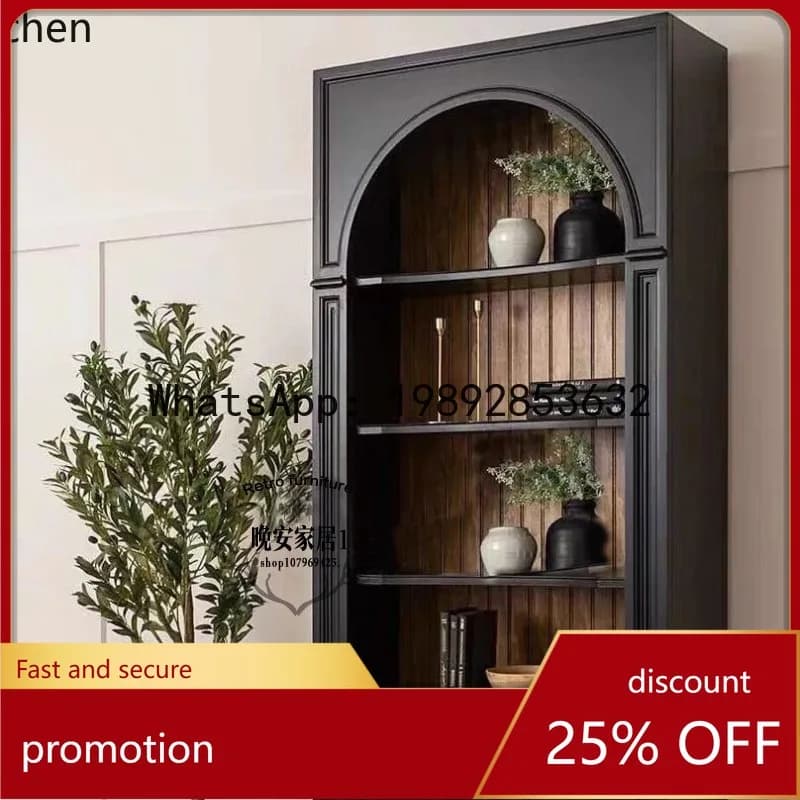YFY  American Country Classic Solid Wood Arch Bookcase French Retro Black Oak Display Cabinet Entryway Cabinet