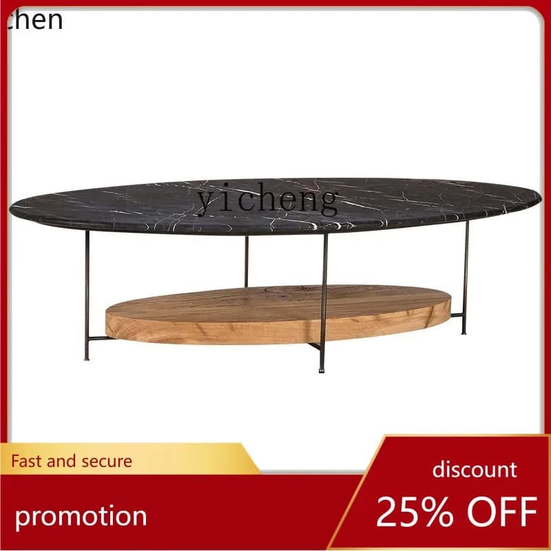 ZML wabi-sabi wind marble solid wood double-layer coffee table creative log tea table coffee table