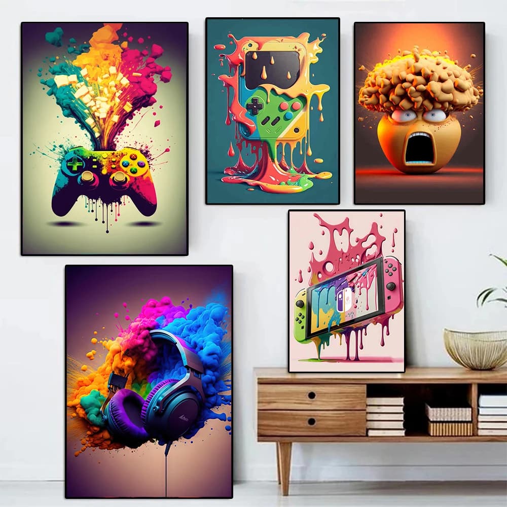 Cartoon Series Game Posters and Prints, Controllers Console Earphones Canvas Wall Art for Bar Game Room Home Decoration