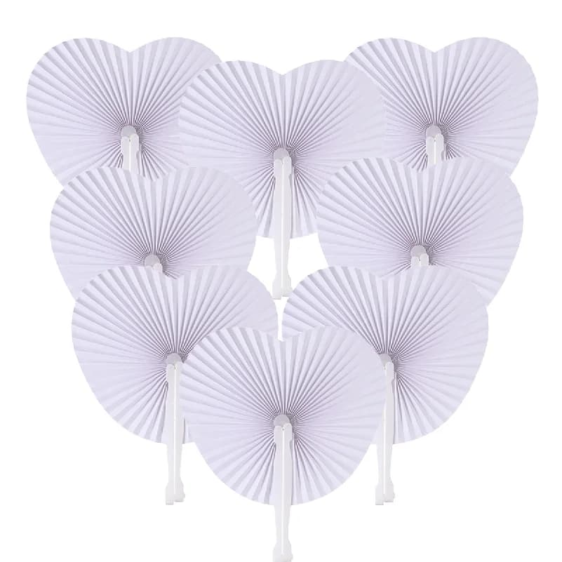12Pcs White Paper Folding Fans Heart-Shaped Round Fans Party Outdoor Gatherings Birthday Wedding Decor DIY Accessories
