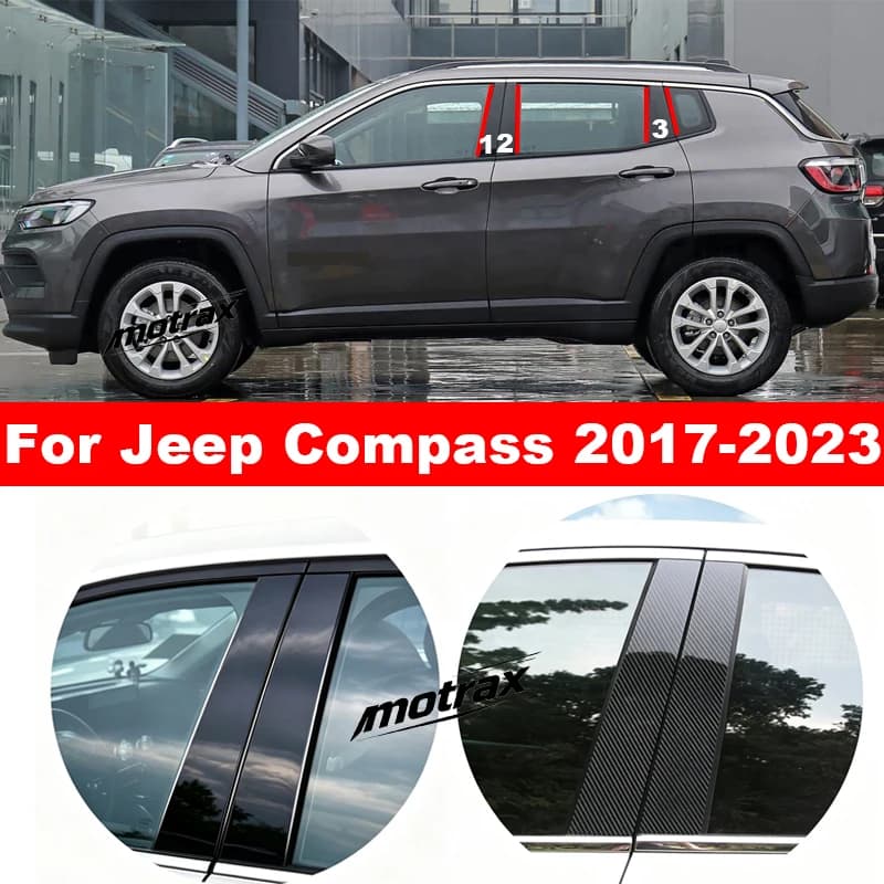 Car Window Trim Cover for Jeep Compass 2017-2023 Pillar Stickers B C Column Posts Glossy Black Carbon Fiber Accessories