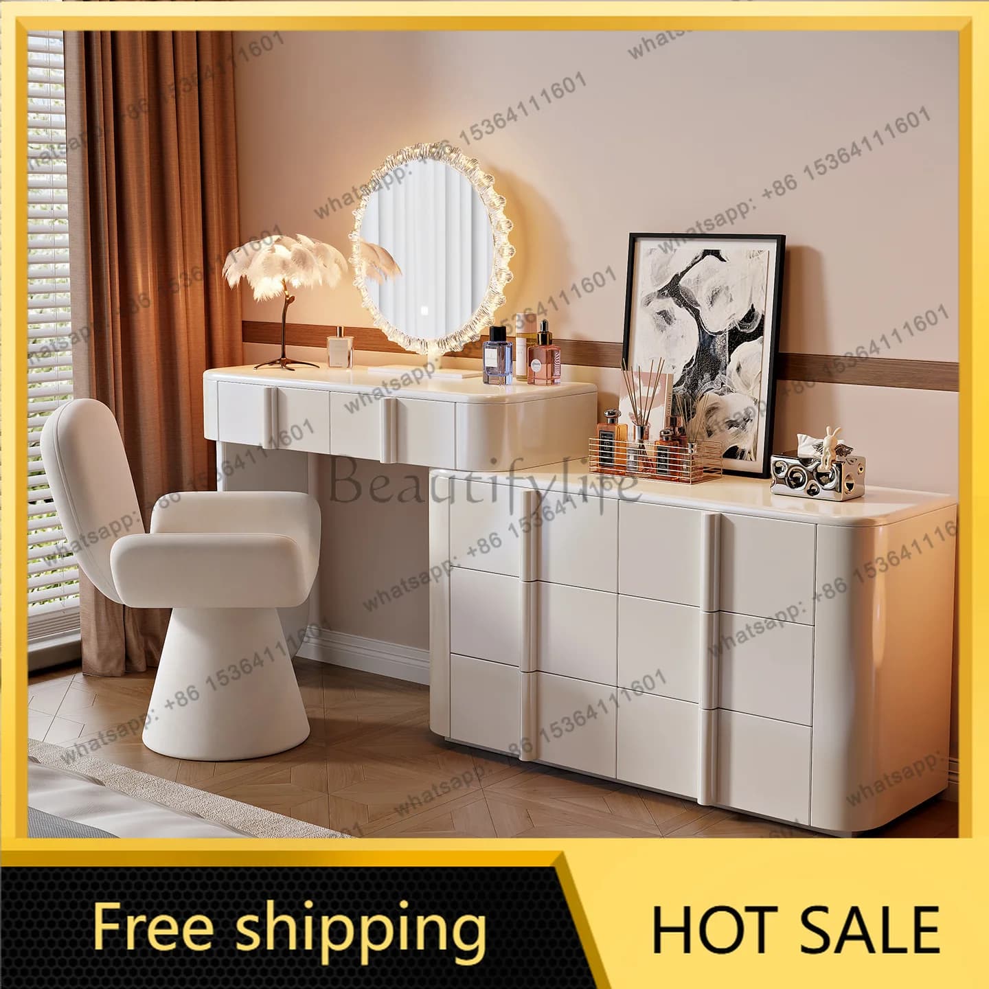 LDModern Mirror Vanity Table with 6 Chest Drawers Dresser Bedroom Luxury Solid Wood Makeup Table  Furniture