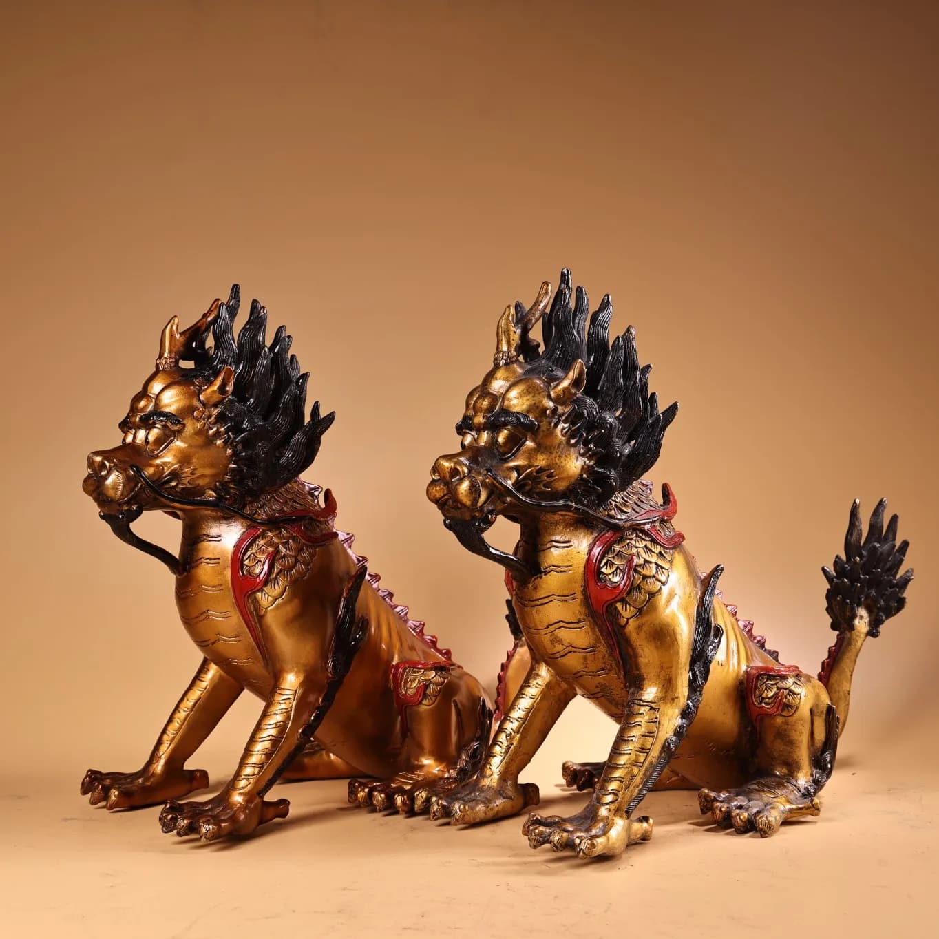10"Tibetan Temple Collection Old Bronze Outline in gold Painted Kylin Unicorn Statue A pair Amass wealth Ornaments Town House