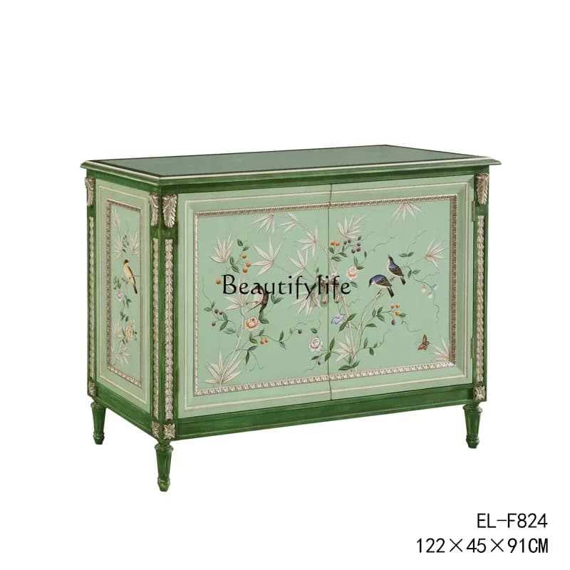 09French Style Solid Wood Artistic Painted Bird Floor Storage Cabinet Living Room Decorative Entryway Cabinet