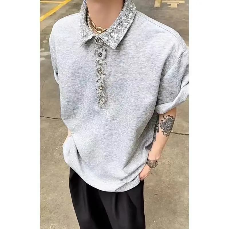 Vintage Heavy Industry Sequin Splicing Short Sleeve Polo Shirt Summer Premium Short Sleeve