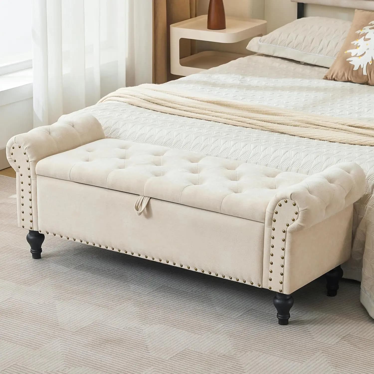 51" Storage Bench for Bedroom, Upholstered Ottoman Bench, Chenille Beige, Customized