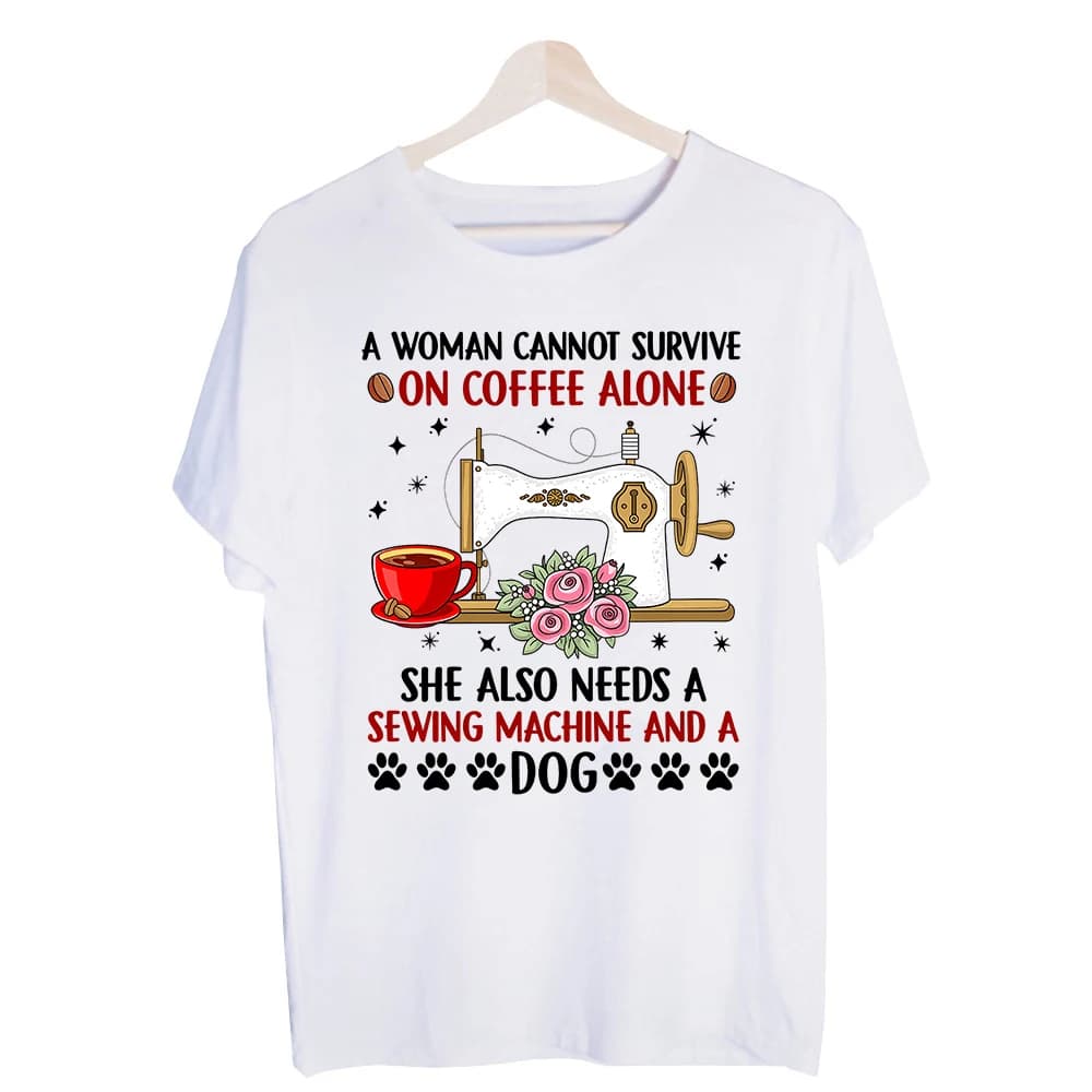 Women's Coffee, Sewing Machine and Dog Slogan Graphic Tee, Casual Short Sleeve T-Shirt for Daily Wear and Craft Enthusiasts