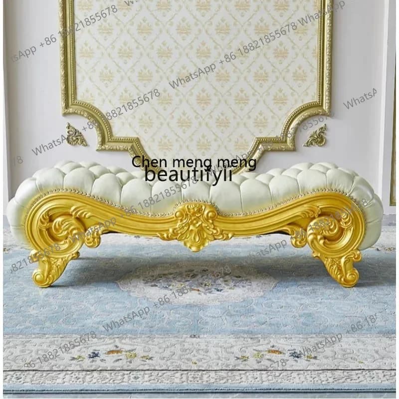 B178 Sail stool bedroom all solid wood leather log bed front stool bed tail couch engraved American style2936