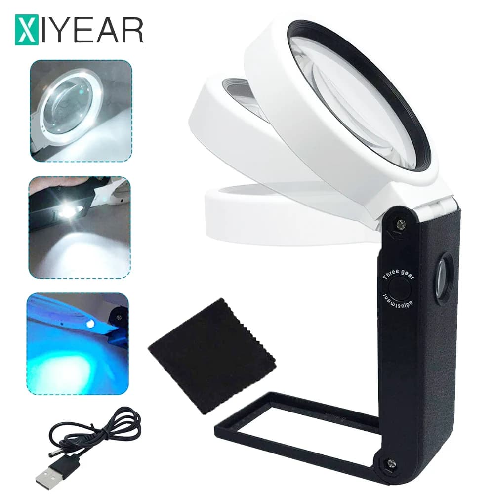 3X 5X 25X Handheld Magnifying Glass With Light And Stand Folding Design LED Illuminated Magnifier For Close Work Reading