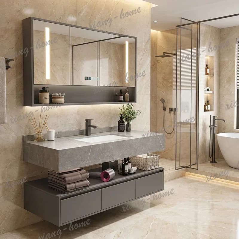 PG Designer Slate Bathroom Cabinet Luxury Set European Style Double Sink Solid Wood Vanity Integrated Basin Modern Home Decor