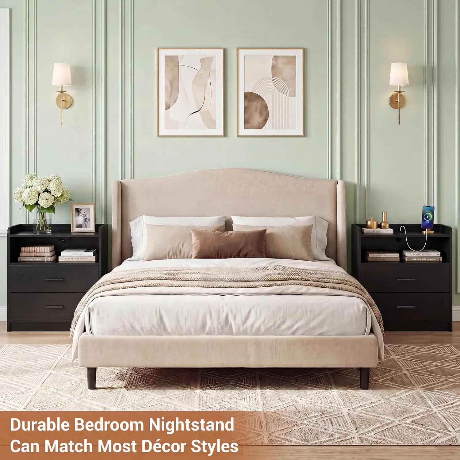 Nightstands Set of 2, Bedside Table with Charging Station, Black