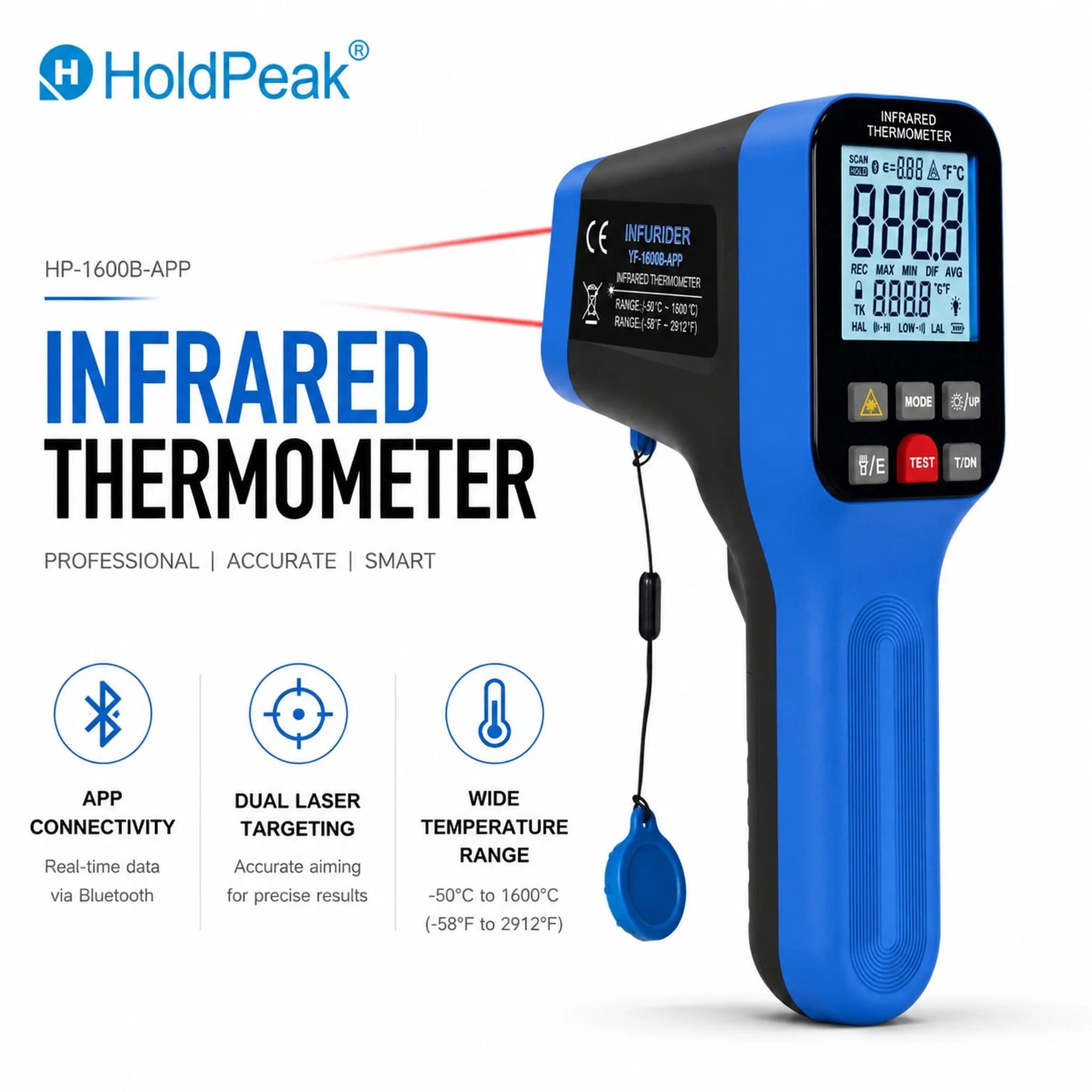 HoldPeak Infrared Thermometer -50~1600℃ 30:1 Bluetooth APP Remote ±2% Acc Adjustable Emissivity 12 Data Type-C Industrial Gun